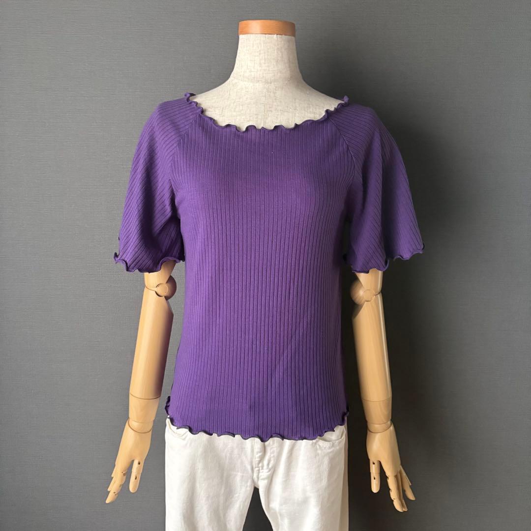 SUGARSPOON Ribbed Mellow Knit Short Sleeve Ruffle Purple