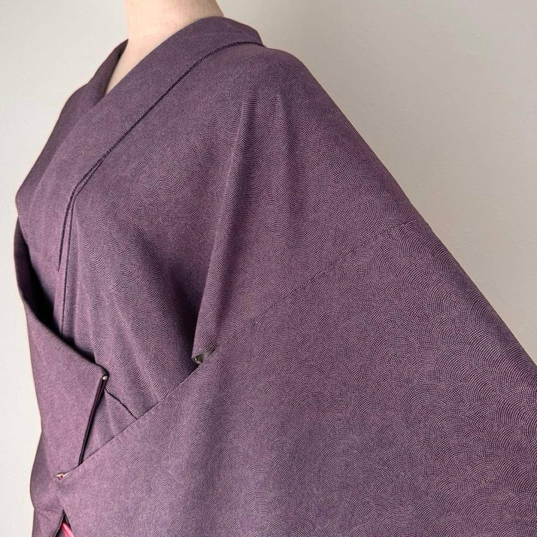 Excellent condition, silk kimono, lined, komon pattern, 160cm length, 64cm sleeve length, Edo komon, purple, solid color, wave pattern, simple