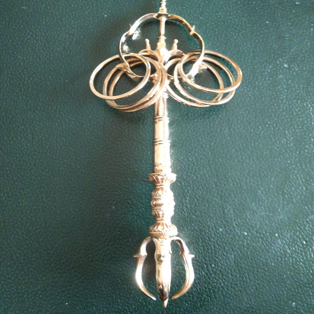 Esoteric Buddhist Ritual Tool, Shakujo (Staff), Gold Brass, Exquisite Carving