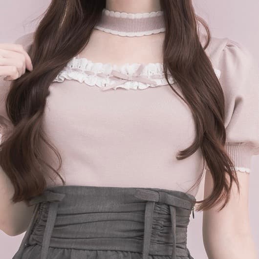 pium Cotton Frill Choker Knit Pink Short Sleeve Top