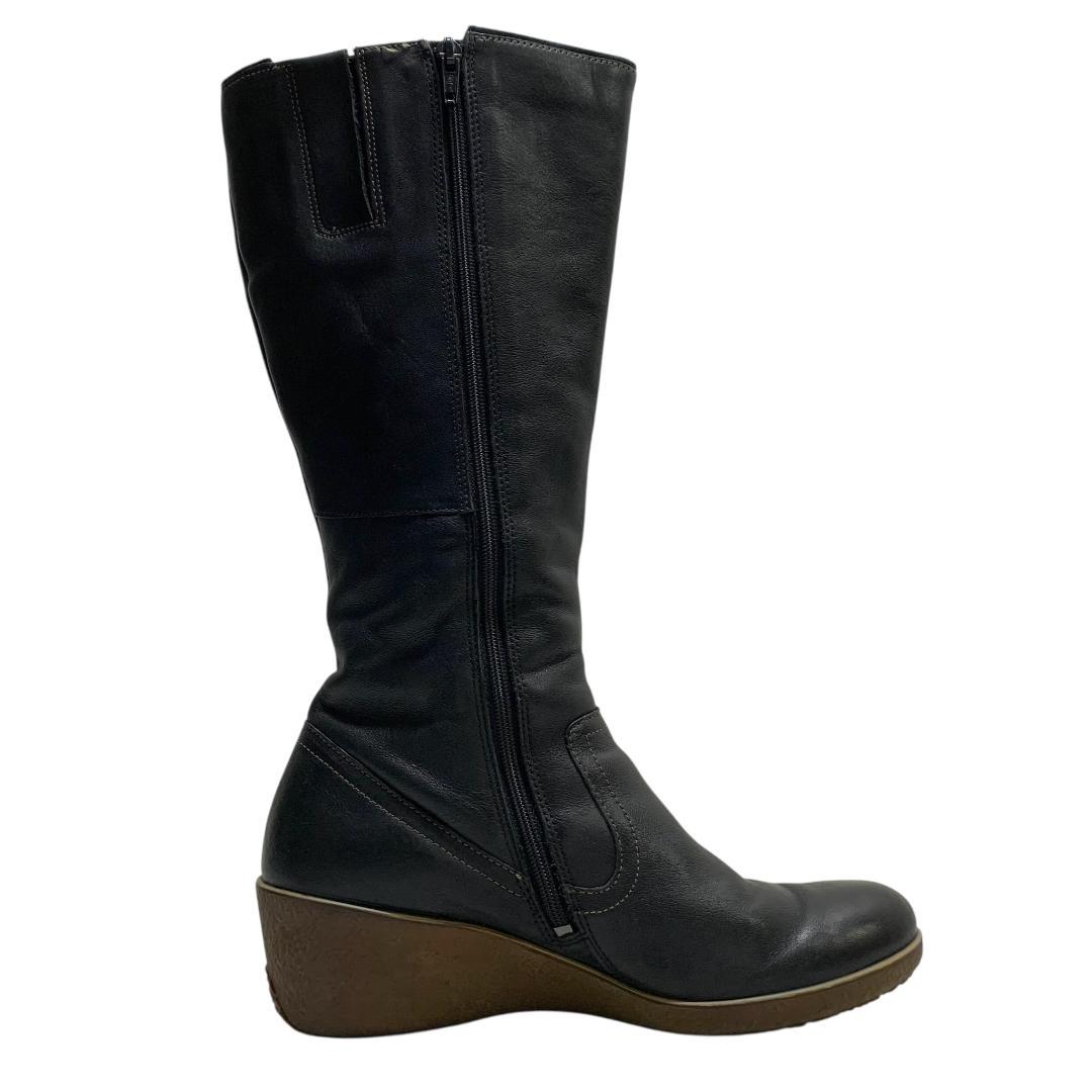 【Beautiful Condition】Ecco (24.5cm) Long Boots, Side Zip, Genuine Leather, Classic Style