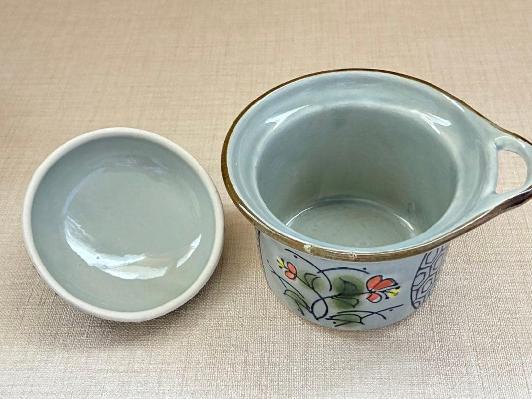 Set of 5 small lidded bowls with wooden stand and spoons, for chawanmushi