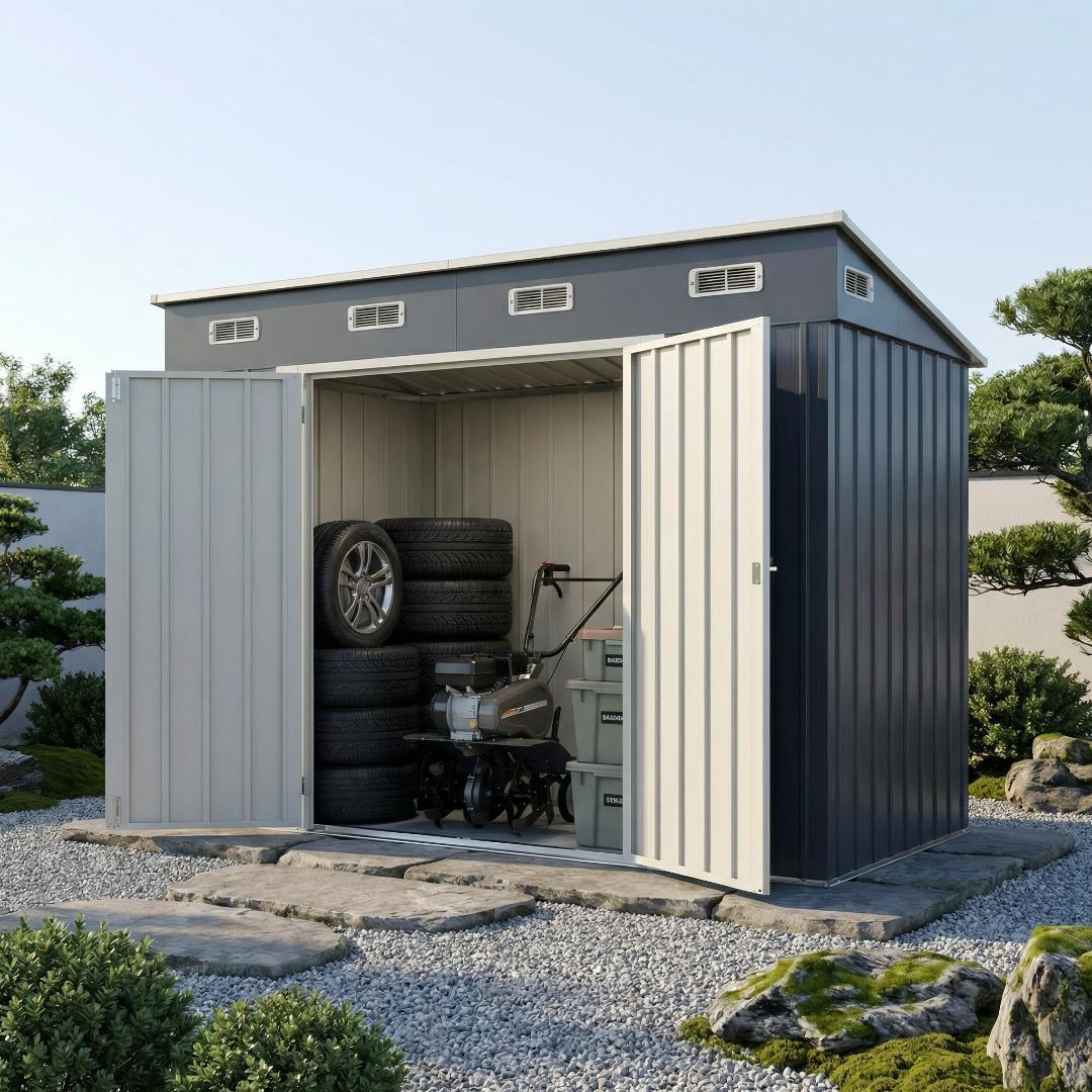 Outdoor Storage Shed with Adjustable Shelves, Steel, Reinforced Floor Frame [Blue Gray]