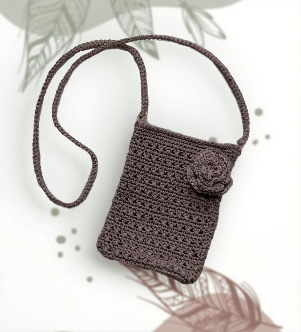 Mini Shoulder Bag, Rose Brooch, Crochet, Brown, Handmade, Smartphone