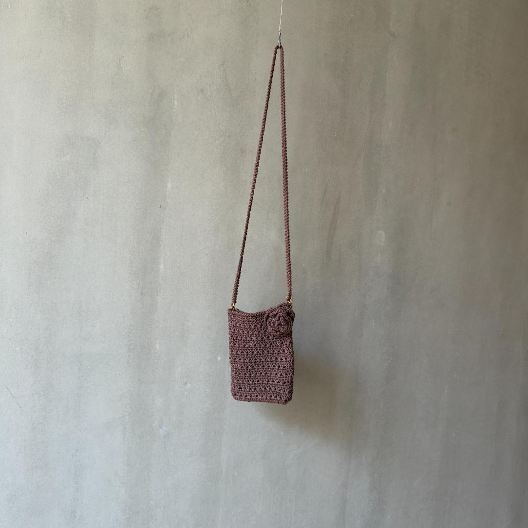 Mini Shoulder Bag, Rose Brooch, Crochet, Brown, Handmade, Smartphone