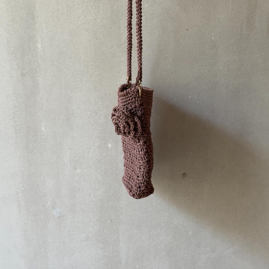 Mini Shoulder Bag, Rose Brooch, Crochet, Brown, Handmade, Smartphone