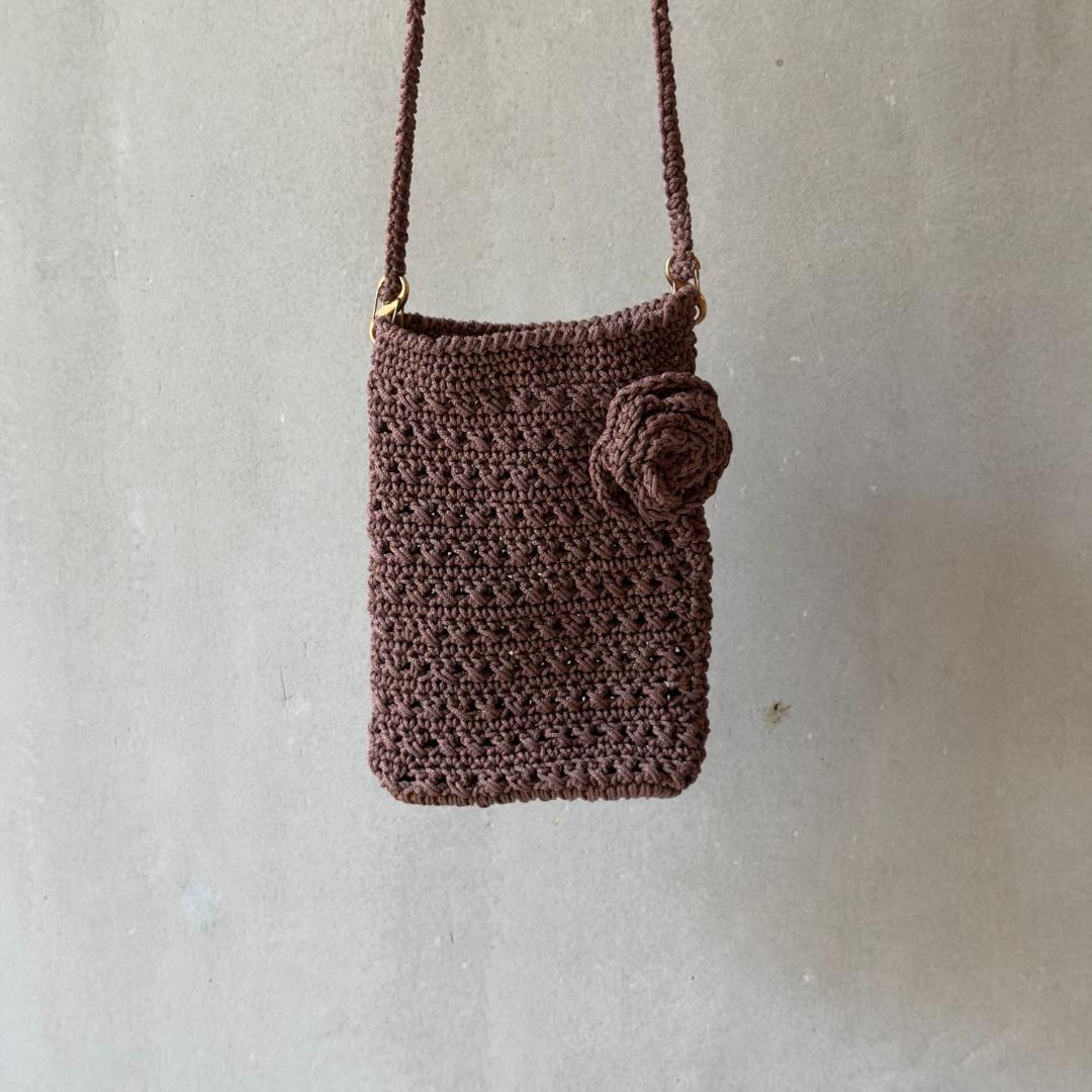 Mini Shoulder Bag, Rose Brooch, Crochet, Brown, Handmade, Smartphone
