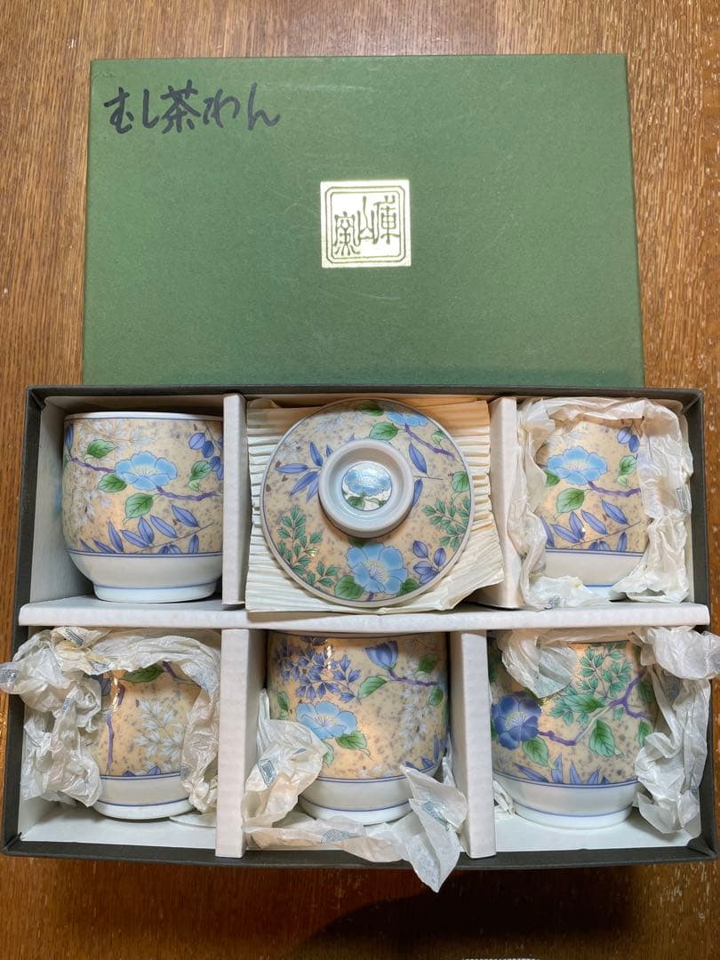 Maehata Pottery Steamed Egg Custard Bowl, Flower Silver Glaze, Set of 5