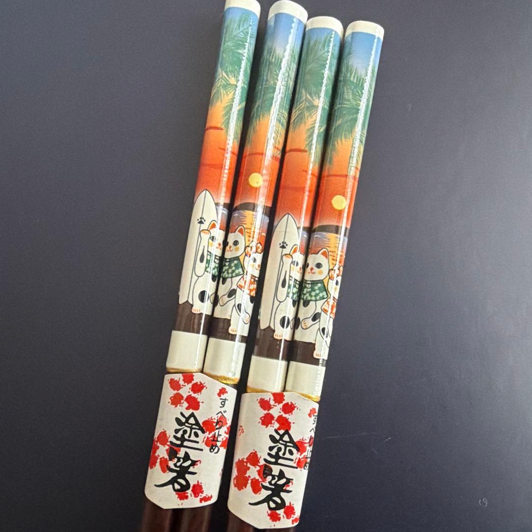 New ☆ Rare ? Maneki-neko Tropical Design Chopsticks 2-Pair Set ? Purchased at Ise Jingu Okage Yokocho