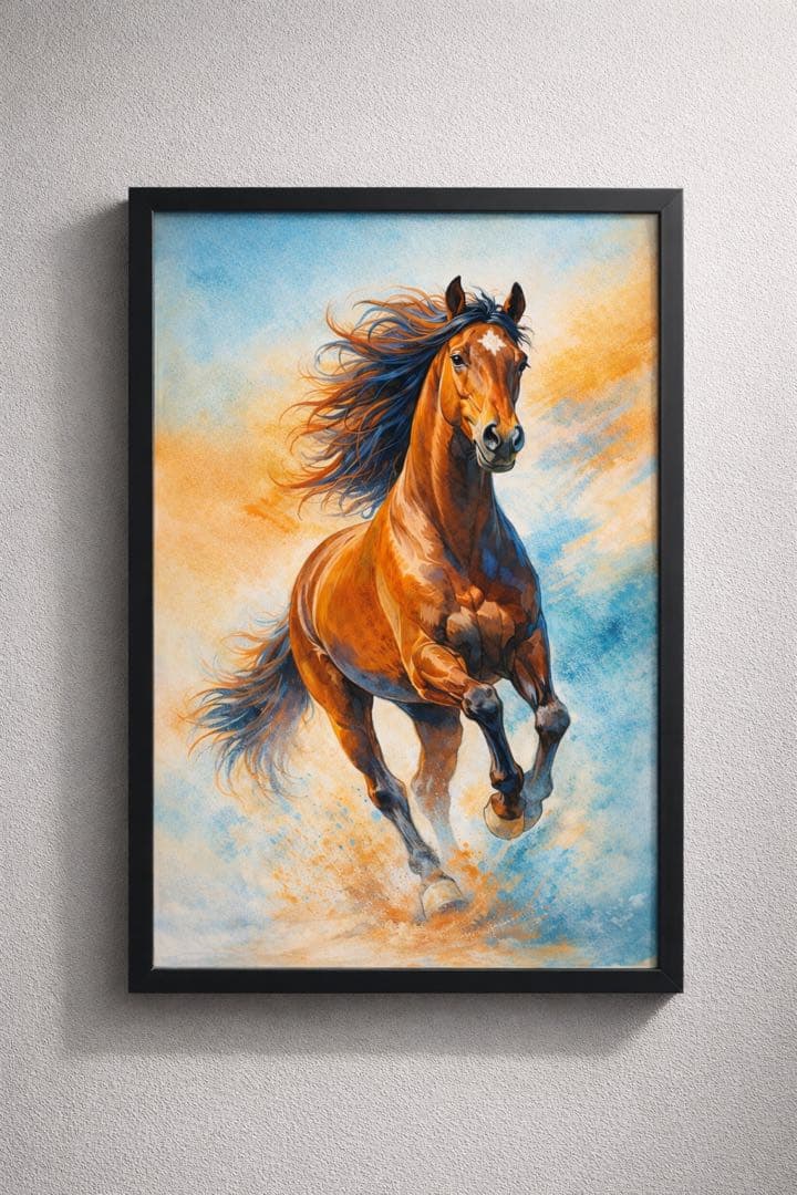 A4 Vertical Black Framed Running Horse Art Poster Ready to Hang