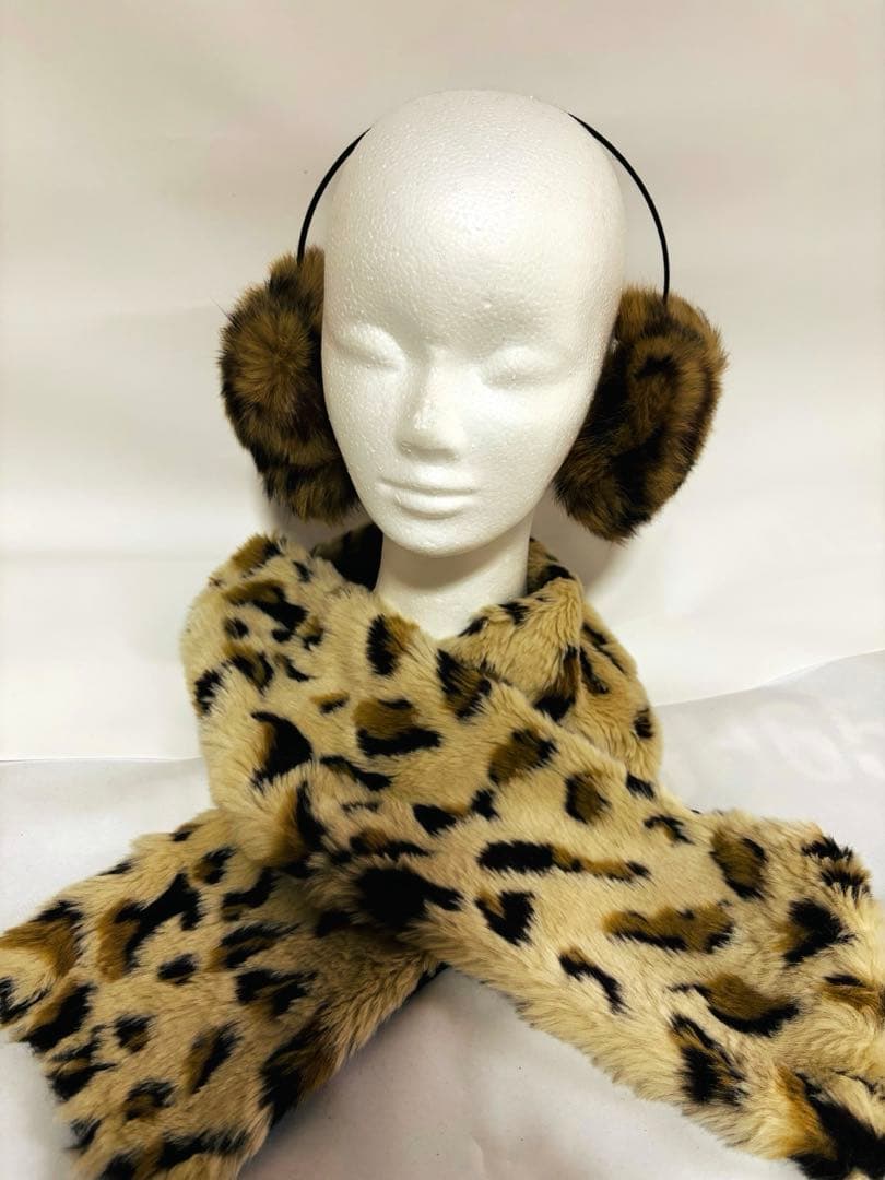 Leopard Print Earmuffs & Tippet Set - Faux Fur, Rabbit & Boa Style