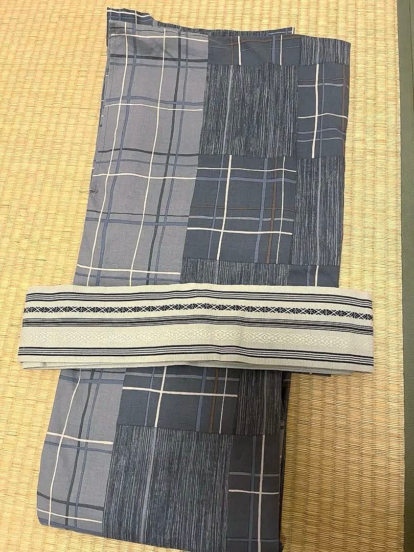 Men's Kimono Kaku Obi (Square Obi) - Gray Checkered Pattern Set