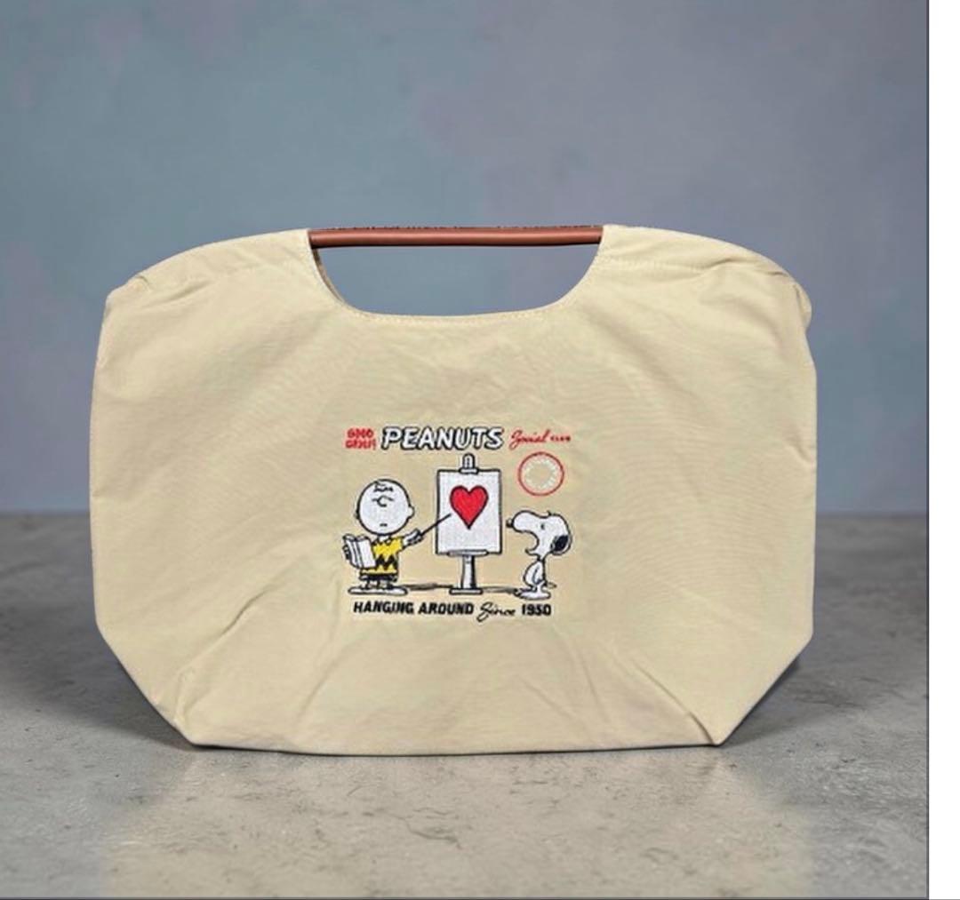 Embroidered Lightweight Snoopy 2-Way Tote Bag - Beige