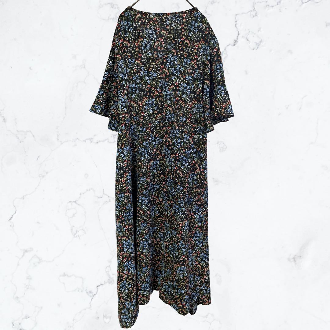13663 Small Floral Print Long Dress Flare Sleeves Black Maxi Length Body Cover