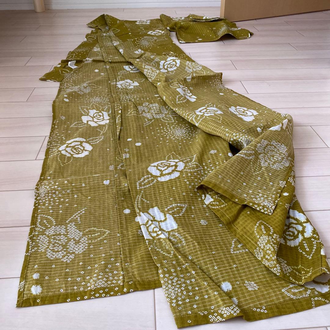 Floral Pattern Yukata, Olive Green, 100% Cotton