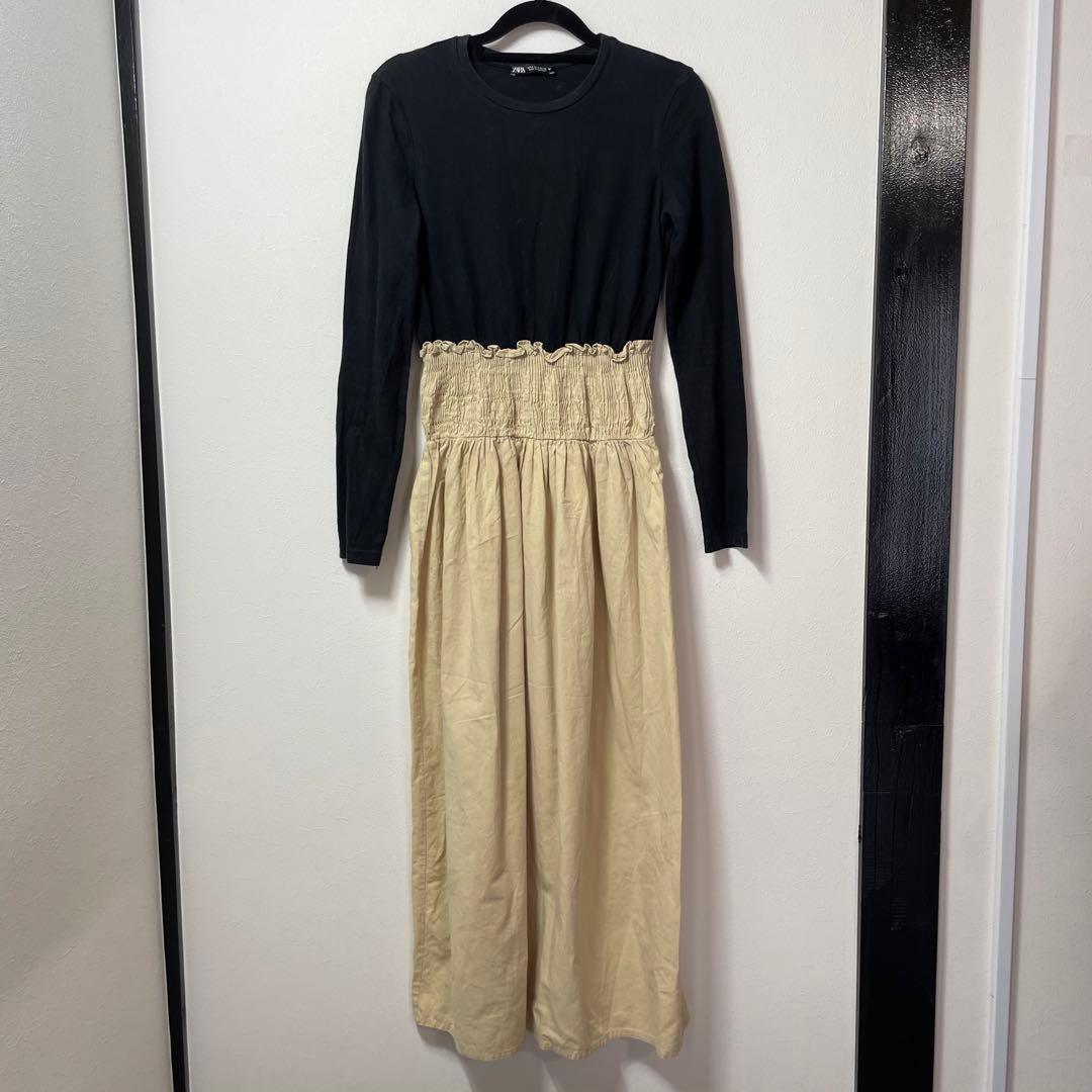 ZARA Black Dress Beige Mixed Material Switching Gathered USA S