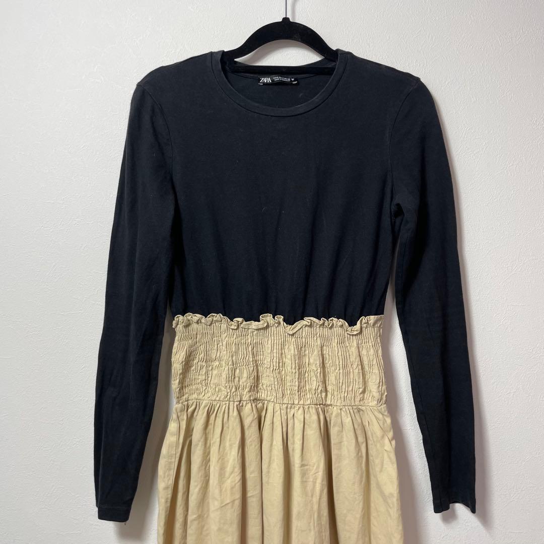 ZARA Black Dress Beige Mixed Material Switching Gathered USA S
