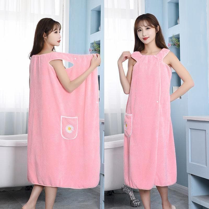 Wearable Towel Wrap Bath Towel with Floral Pocket - Blue