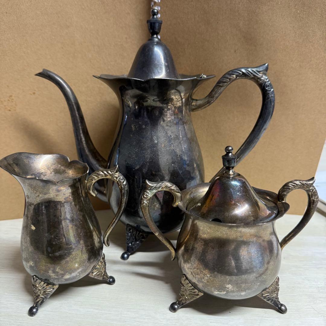 Hayakawa Silver Ginko Silverware 3-piece Tea Set, Nickel Silver, Teapot, Sugar Pot