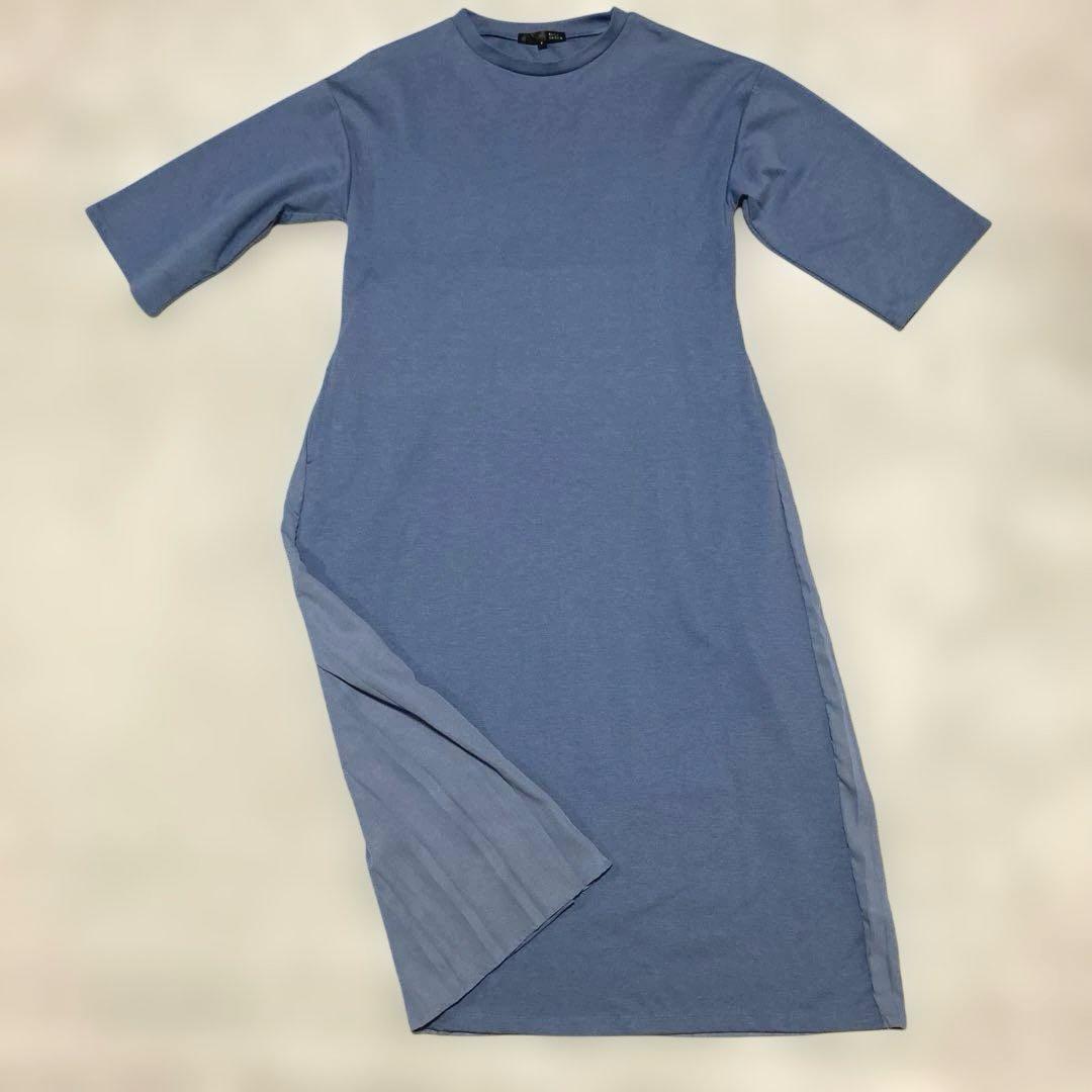 Long Dress, 5-Sleeve, Dusty Blue, Pleated, Mixed Material, SUGAR SPOON
